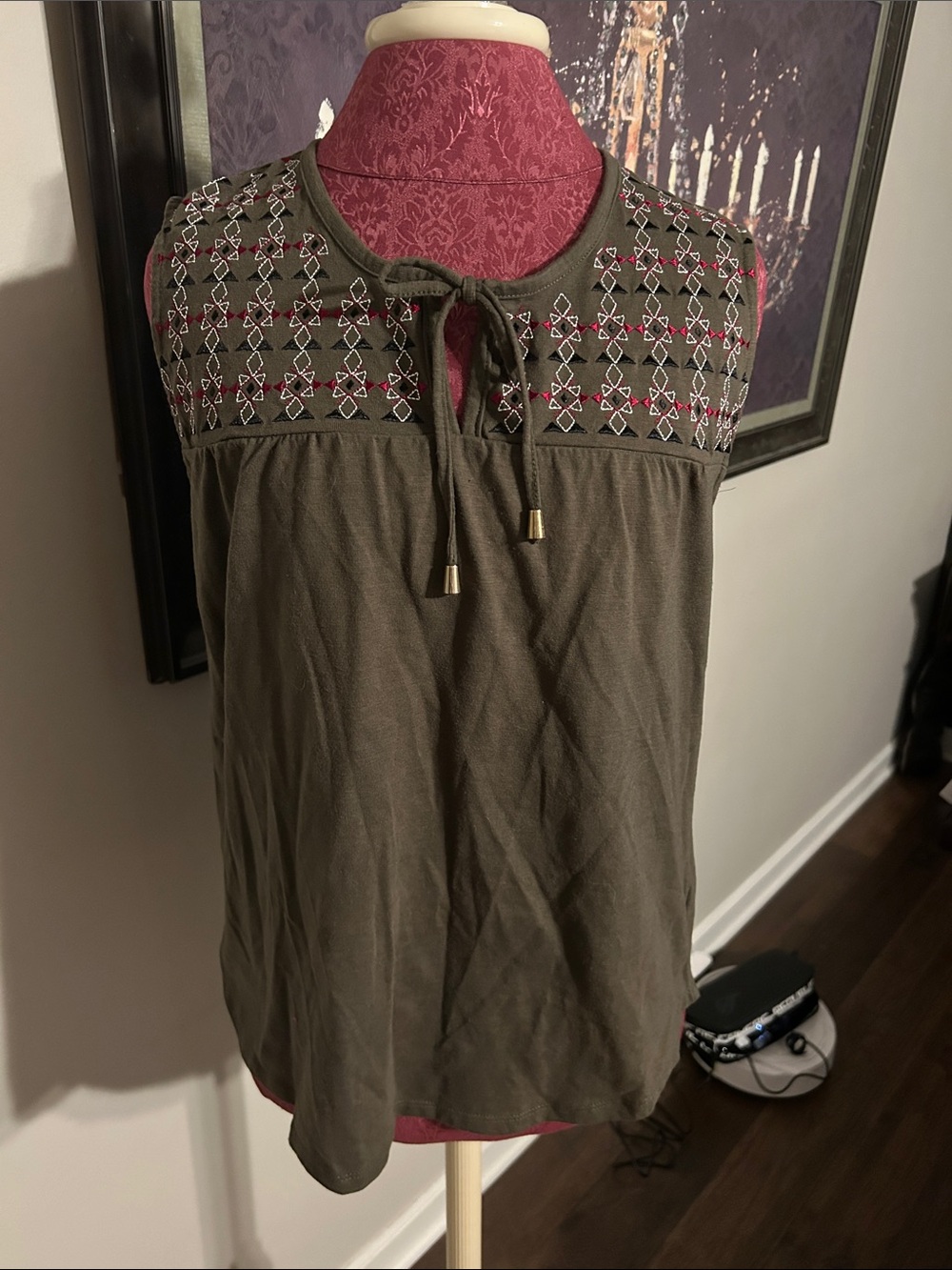Sag Harbor Olive Sleeveless Embroidered Tie-Front Camisole